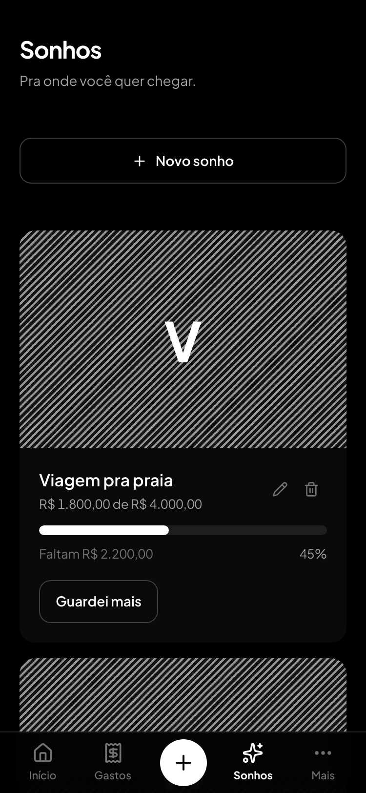 Tela Sonhos do ViblenCash mostrando quanto falta pra uma meta guardada